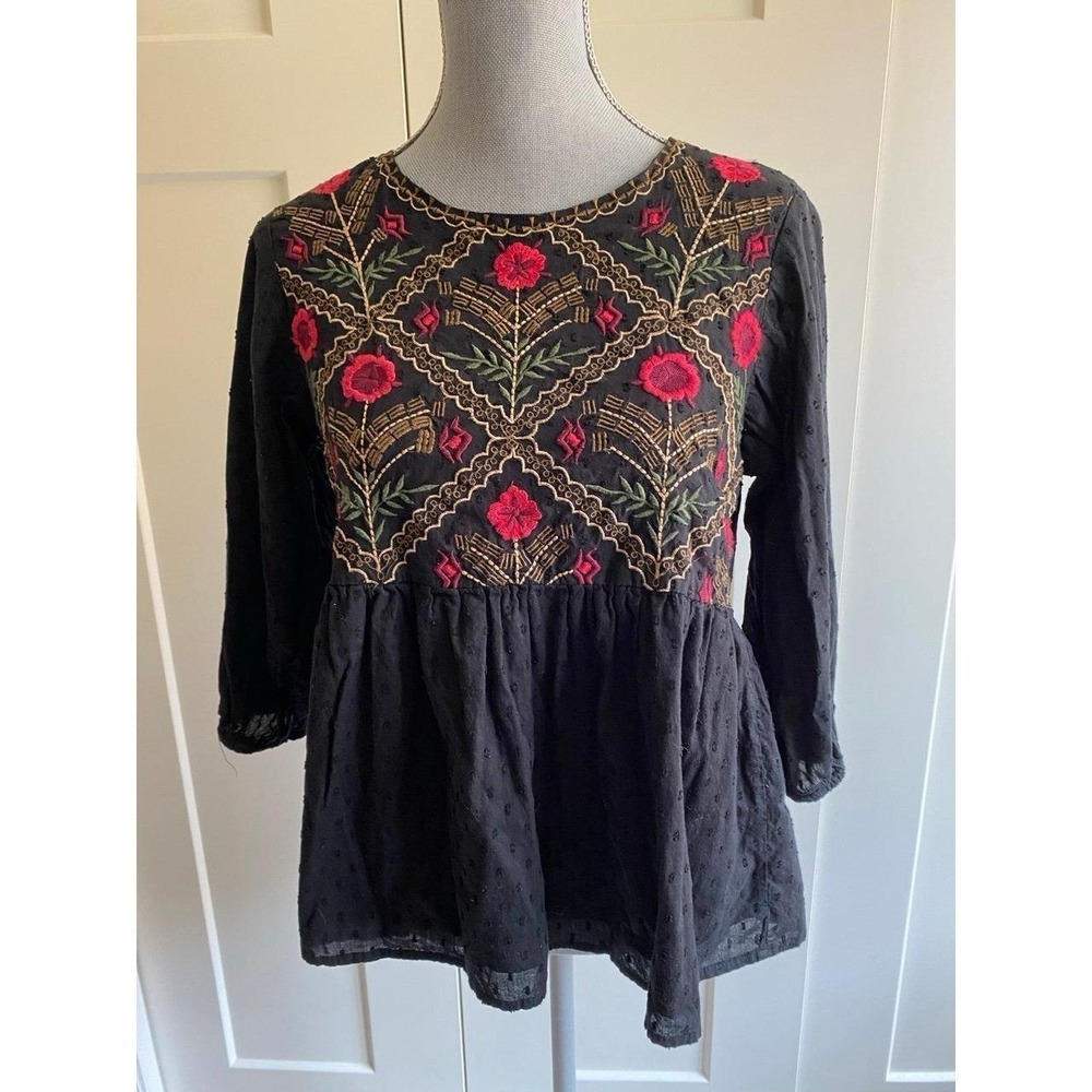 Miami Blouse Babydoll Embroidered Top Medium Shirt Cottage Floral Office s52
